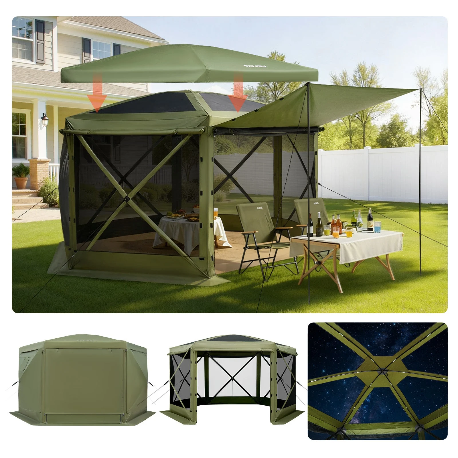 Gazebo pieghevole pop up VEVOR 3 x 3 m, 6 8 persone, 6 lati con tetto rimovibile, borsa per il trasporto, per campeggio in famiglia, giardino, verde | Leroy Merlin