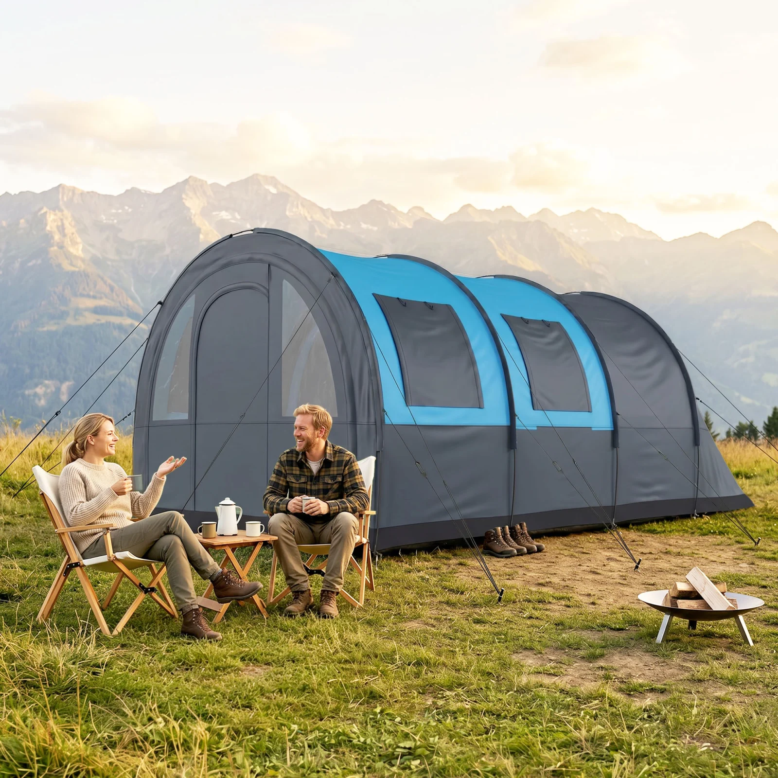 Outsunny Tenda da Campeggio 6 Posti Impermeabile Grigio e Blu | Aosom Italy